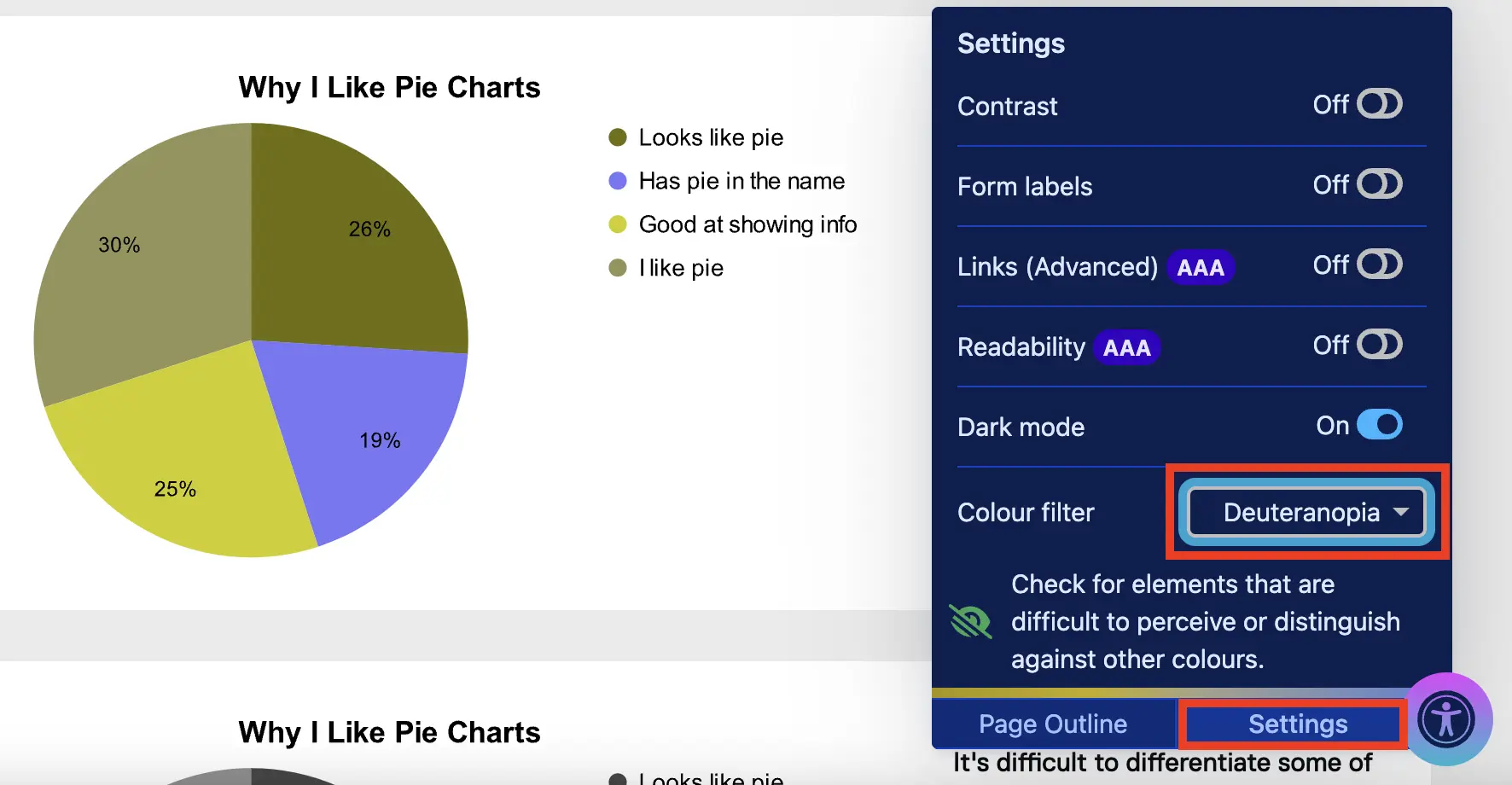 Screenshot of colour filter options within the Settings panel.