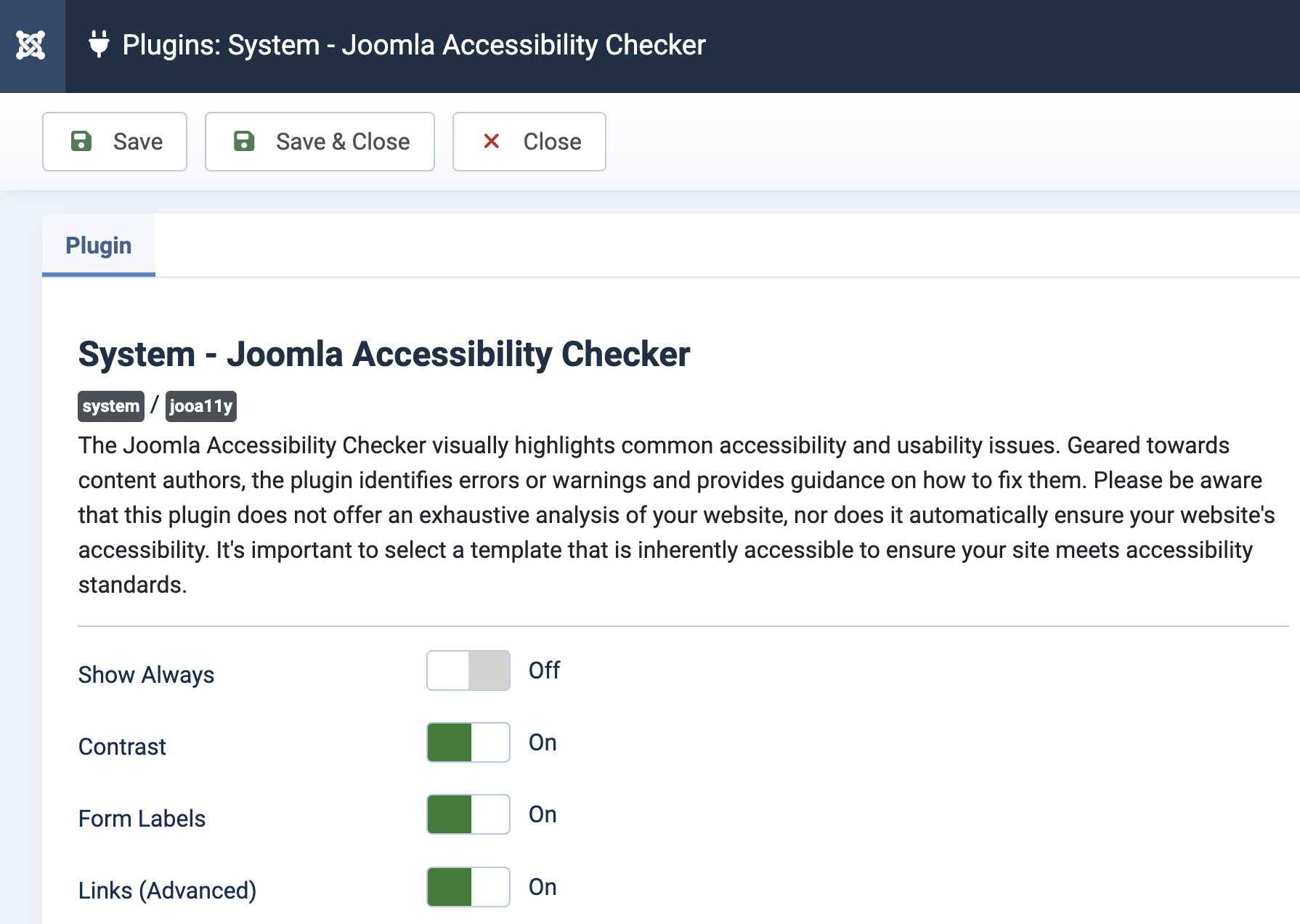 Screenshot of the settings page within the Joomla Administrator area.