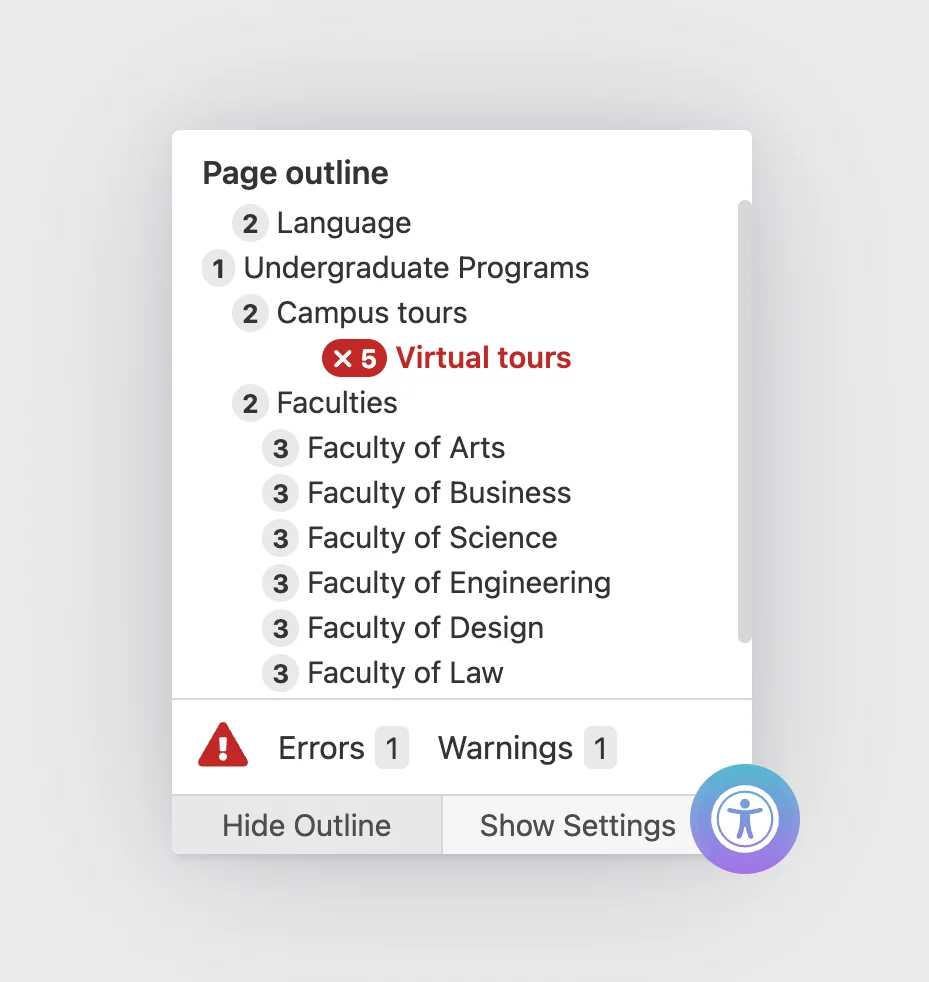 Screenshot of the Page Outline panel with hierarchy issues.