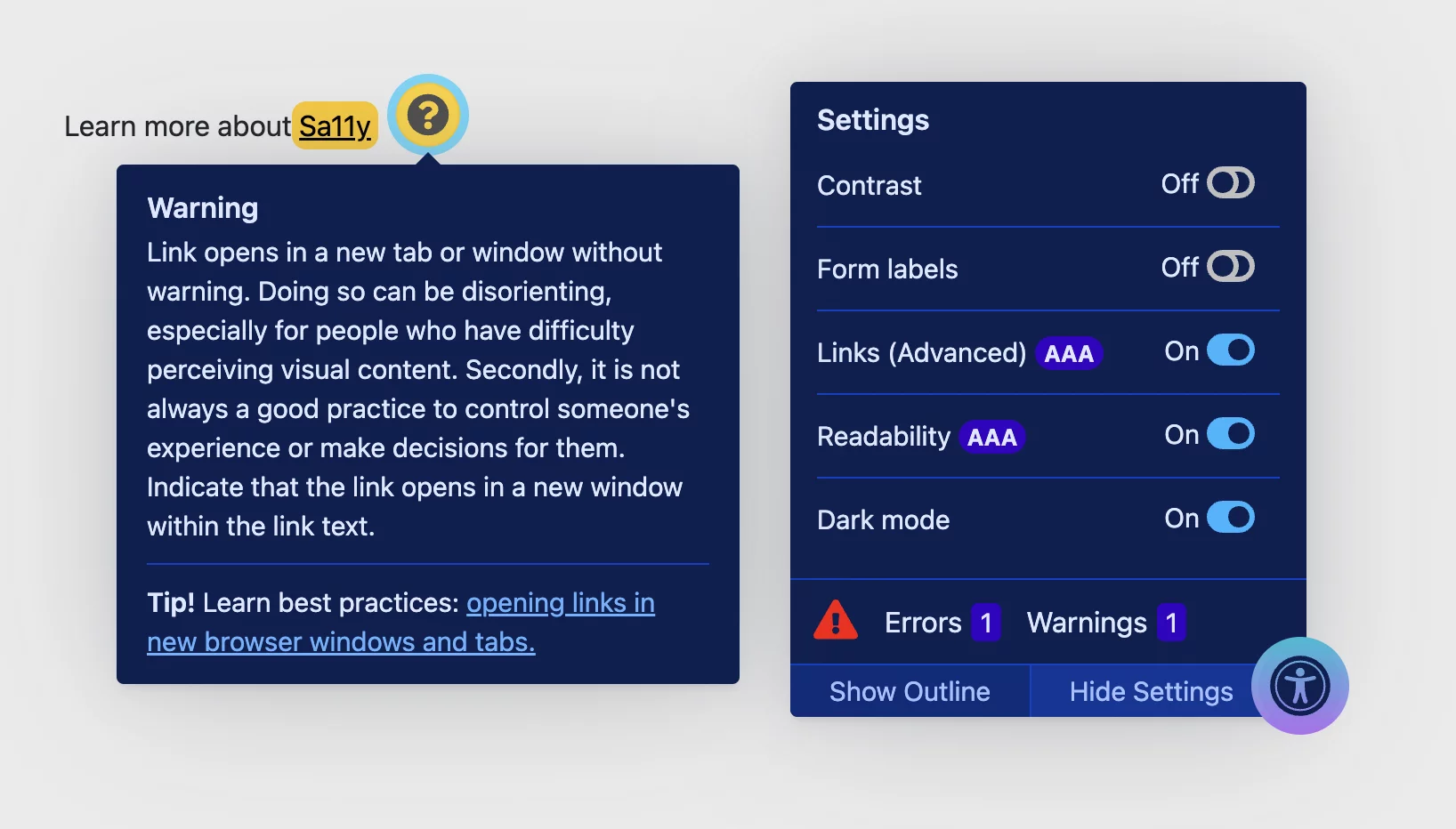 Screenshot of settings panel in dark mode showing toggles for contrast, form labels, links (advanced), readability and dark mode. There is also a tooltip warning about links that open in a new tab without warning.