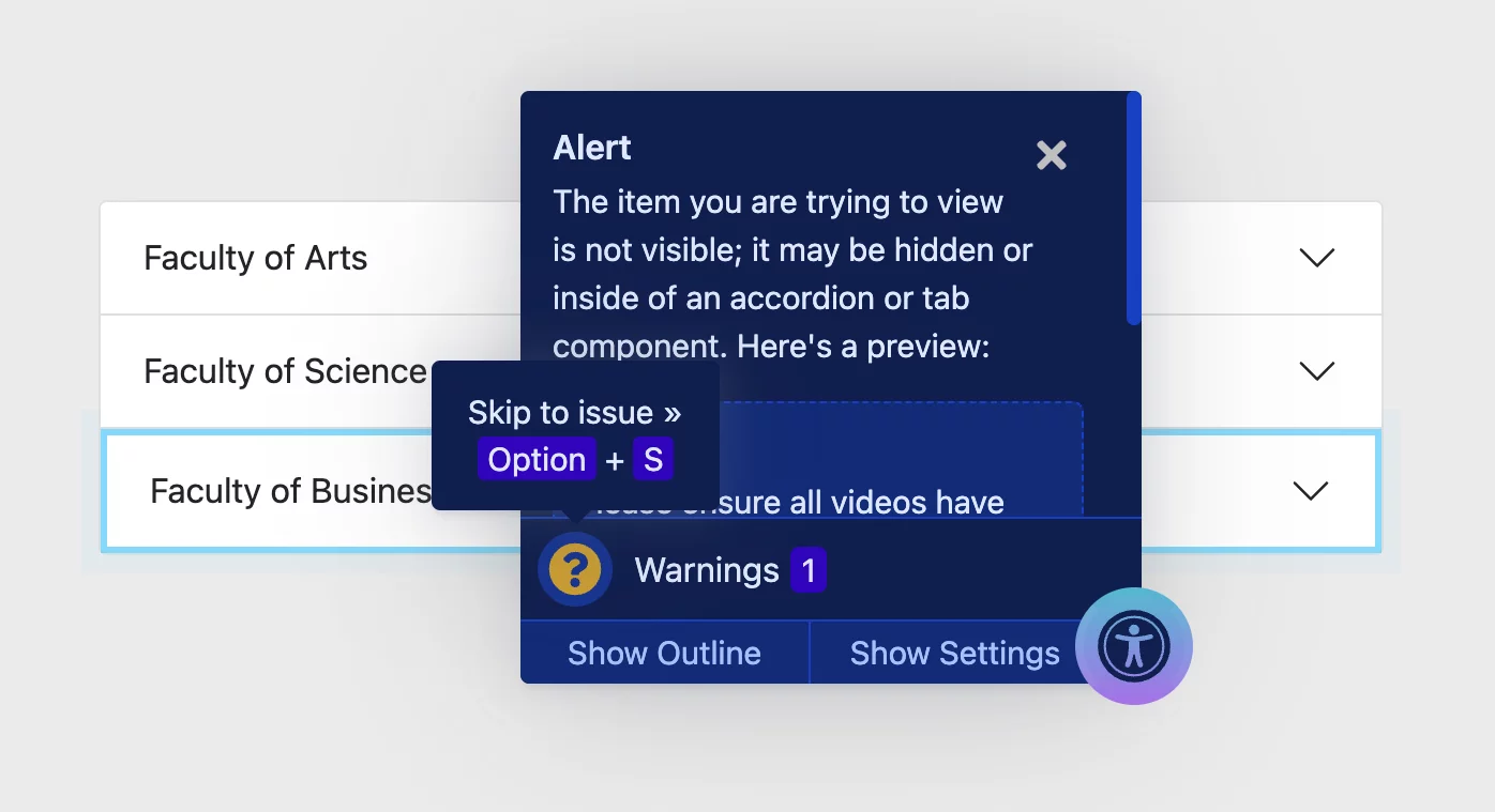 Screenshot of Skip to issue button and an alert stating that the item may be hidden in an accordion or tab component.
