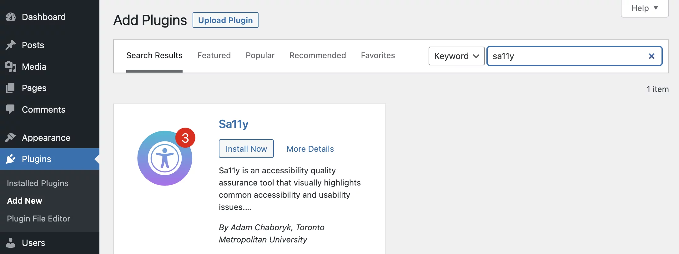Screenshot of the Add Plugins page with Sa11y in the search bar and results.